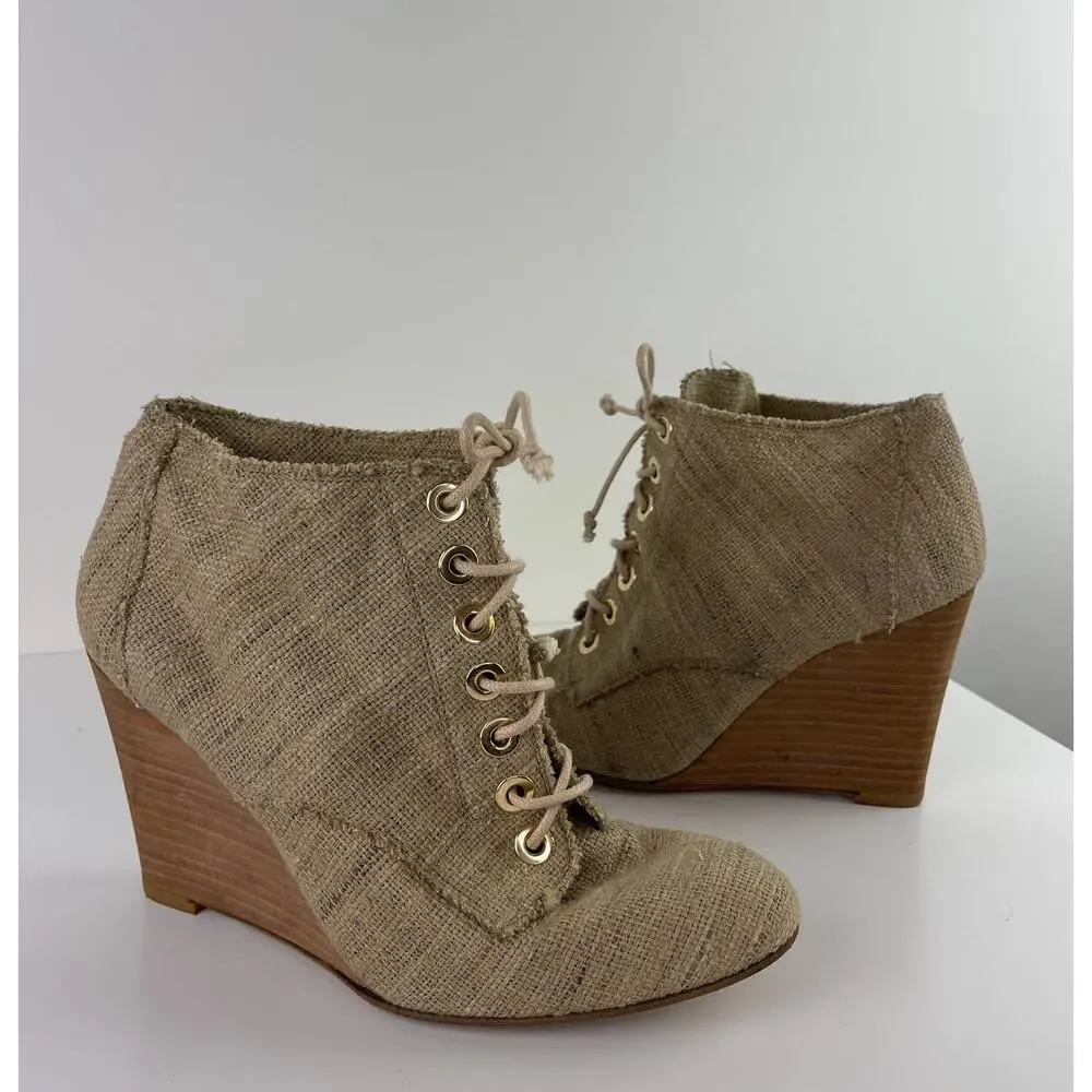 Stuart Weitzman Raffia Wood Heel Lace Up Wedge Heel Ankle Booties Size 8